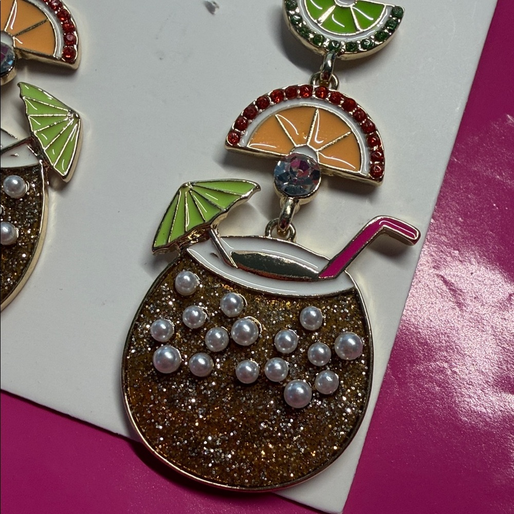 Whimsical Fruit Cocktail Coconut Drink Dangle Earrings Fun Summer Beach Vacation - Picture 6 of 6